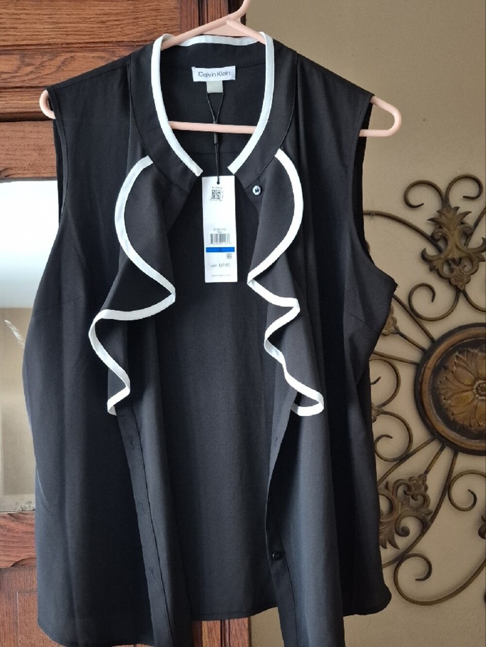 Calvin Klein Black Sleeveless Camisole with White Ruffle Detail - Picture 3 of 3